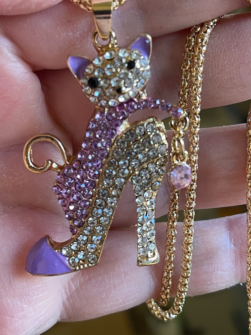 Pink Cat In A High Heel enamel Purple and clear Crystal Pendant Necklace